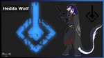 anthro cape clothing coat cross female fur grey_body grey_fur hair iron_cross purple_hair silencer solo tail topwear weapon white_body white_fur hunamarts hedda_wolf sergal 16:9 4k absurd_res hi_res model_sheet widescreen