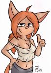 2017 anthro breasts cleavage clothed clothing crop_top david_hopkins domestic_cat felid feline felis female gesture hair half-length_portrait hand_gesture hand_on_hip hi_res long_hair looking_at_viewer mammal midriff navel off_shoulder ponytail portrait red_hair shirt simple_background smile solo thumbs_up topwear white_background