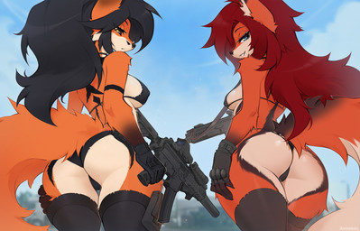5_fingers anthro biped breasts butt clothed clothed_anthro clothed_female clothing cloud day duo female fingers fur gun hair holding_gun holding_object holding_ranged_weapon holding_weapon looking_at_viewer outside ranged_weapon rear_view sky smile standing tail weapon amarihel cassie_(amarihel) canid canine fox mammal 2025 digital_drawing_(artwork) digital_media_(artwork) hi_res