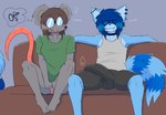 anthro blue_body blue_fur brown_hair bulge choker clothing detailed_bulge duo ear_piercing ear_ring erection erection_under_clothing eyes_closed eyewear facial_markings facial_piercing female fur glasses grey_body grey_fur hair head_markings industrial_piercing jewelry lip_piercing male male/female markings mask_(marking) multicolored_body multicolored_fur necklace nervous nervous_smile open_mouth open_smile panties piercing pink_body pink_skin ring_piercing shirt smile snakebite_piercing striped_markings striped_tail stripes stud_piercing t-shirt tail tail_markings tank_top thought_bubble topwear two_tone_body two_tone_fur underwear aimpunch azura_(aimpunch) mammal mouse murid murine procyonid raccoon rodent hi_res