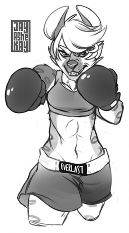 abs anthro athletic bottomwear boxing boxing_gloves bra breasts chest_tuft cleavage clothed clothing eyebrows eyelashes fangs female fur hair handwear looking_at_viewer muscular muscular_anthro muscular_female navel punch sharp_teeth shorts smile smirk solo sport sports_bra spots teeth text tuft underwear kuuipo everlast hyena mammal spotted_hyena 2015 hi_res monochrome