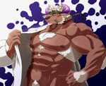 2_horns abs anthro areola biceps blush brown_areola brown_nipples clothing horn looking_at_viewer male muscular muscular_anthro muscular_male navel nipples pecs pubes purple_horn solo broken_(artist) lifewonders tokyo_afterschool_summoners shennong_(tas) bovid bovine cattle mammal hi_res