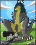 anthro building city claws destruction fangs fur green_body green_fur grey_body grey_fur horn macro male pawpads paws rubble solo tail tail_tuft teeth tuft yellow_body yellow_fur 0-acerlot-0 brom_(sahurus) hybrid kaiju sergal 4:5 hi_res