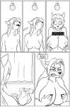 anthro areola big_breasts biped breast_expansion breasts canid canine clock-face comic english_text expansion female fox hi_res huge_breasts mammal monochrome nipples nude solo standing text transformation