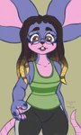 anthro big_ears blue_body bottomwear braided_hair brown_eyes brown_hair buckteeth clothing eyewear female glasses hair pants reaching_towards_viewer shirt solo sweatpants tank_top teeth topwear wearing_glasses wide_hips conditional_dnp octavetothink kayari_(octavetothink) mammal mouse murid murine rodent 2022 digital_drawing_(artwork) digital_media_(artwork) hi_res