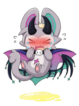 ambiguous_gender anthro anus biped blush blush_lines bodily_fluids chibi crown genital_fluids headgear horn pawpads paws solo sweat sweatdrop tail tears urine wings x_anus young mkwolf2022 devil_connection makemon devilun_(makemon) bat demon mammal 3:4 hi_res male_(lore)