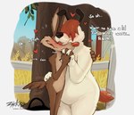 2023 anthro blush brown_body brown_fur canid canine canis conditional_dnp coyote detailed_background domestic_dog duo english_text fur hand_holding heart_symbol hi_res looney_tunes male male/male mammal patreon_username pear-shaped_figure ralph_e._wolf sam_sheepdog signature slightly_chubby slightly_chubby_male smile standing tail tail_motion tailwag text warner_brothers white_body wide_hips zackary911