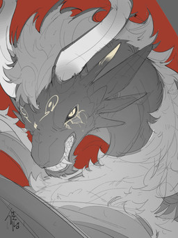 2_horns ambiguous_gender dark_body dark_mane dark_scales eye_markings facial_markings feral forehead_markings head_horn head_markings horn looking_at_viewer mane markings mouth_closed pupils red_background scales simple_background slit_pupils snarling solo tusks yellow_eyes yellow_markings chiayeeee mythology gorynych_nitra dragon mythological_creature mythological_scalie scalie 2023 absurd_res bust_portrait digital_drawing_(artwork) digital_media_(artwork) hi_res portrait signature