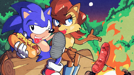 4_fingers 5_fingers anthro blue_eyes breasts canon_couple chilidog clothing cooking cute_fangs duo fangs female fingers fire footwear forest hair light log male moon night plant quills_(anatomy) red_hair shoes skewer sneakers teeth tree wood hyperbithero sega sonic_the_hedgehog_(satam) sonic_the_hedgehog_(series) sally_acorn sonic_the_hedgehog eulipotyphlan hedgehog mammal rodent sciurid tree_squirrel 16:9 hi_res widescreen