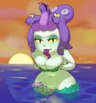 big_breasts breasts cleavage clothed clothing detailed_background erection genitals gynomorph intersex living_hair long_tongue looking_at_viewer mantle_(mollusk) penis pseudo_hair smile snake_hair solo split_form sunset tentacle_hair tentacles tongue tongue_out water yellow_eyes bikupan cuphead_(game) european_mythology greek_mythology mythology cala_maria cephalopod coleoid gorgon humanoid hybrid marine merfolk mollusk octopodiform reptile scalie snake 2017