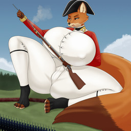 anthro big_breasts breasts clothed clothing female gun huge_breasts landscape_dwarfing macro musket napoleonic ranged_weapon solo thick_thighs weapon wide_hips r-rova canid canine fox mammal 1:1 absurd_res hi_res