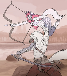 abs anthro armor armpit_tuft arrow_(weapon) bow_(weapon) clothing duo fangs_bared female gauntlets gloves handwear horn male melee_weapon pauldron pawpads ranged_weapon sword tongue tongue_out weapon iziks conan_exiles canid canine domestic_cat felid feline felis mammal warg