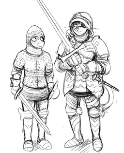 anthro armor duo eye_patch eyewear female headgear helmet knight larger_female male melee_weapon scar shield size_difference smaller_male smile sword warrior weapon zweihander hladilnik catherine_(hladilnik) matthew_(hladilnik) deer mammal black_and_white hi_res monochrome