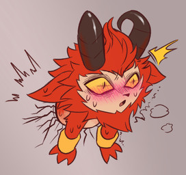 ambiguous_gender anthro biped blush bodily_fluids bracelet fingers fur horn jewelry open_mouth open_smile pupils red_body red_fur sharp_teeth simple_background slit_pupils smile solo sweat tan_body tan_fur teeth through_wall yellow_sclera dapong league_of_legends riot_games tencent devil_teemo_(lol) yordle hi_res