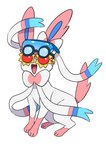 ambiguous_gender blue_body blue_fur choice_specs dipstick_limbs eyewear feral fur gameplay_mechanics open_mouth open_smile pink_body pink_fur quadruped simple_background smile solo sp.atk_specs sunglasses white_background white_body white_fur wise_glasses makotoo nintendo pokemon pokemon_unite eeveelution generation_6_pokemon mammal pokemon_(species) sylveon