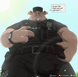 angry anthro biped bodily_fluids bulge detailed_bulge erection front_view genital_fluids herman_trottsteady looming_over male musclegut muscular overweight overweight_male police police_brutality police_officer solo standing sweat throbbing throbbing_bulge metalfoxt domestic_pig mammal suid suine sus_(pig) animated digital_media_(artwork) hi_res