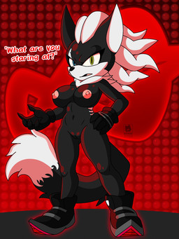 anthro areola big_breasts black_body black_clothing black_footwear black_fur black_gloves black_handwear black_nose black_shoes blue_eyes breasts cheek_tuft clothing crossgender dialogue dipstick_tail eyelashes facial_tuft female footwear front_view fur genitals gloves green_eyes hand_on_hip handwear heterochromia looking_at_viewer markings navel neck_tuft nipples nude open_mouth pink_areola pink_nipples shoes solo tail tail_markings talking_to_viewer text thick_thighs tuft vulva white_body white_fur wide_hips skwid sega sonic_forces sonic_the_hedgehog_(series) infinite_(sonic) canid canine canis jackal mammal 3:4 hi_res