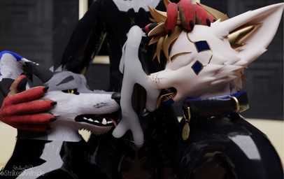 animal_genitalia animal_penis anthro armwear balls black_latex blue_penis bodily_fluids brown_sheath canine_genitalia canine_penis clothed clothing cum cum_on_penis erection forced genital_fluids genitals glistening glistening_body group kneeling kneeling_on_ground latex latex_armwear latex_clothing latex_legwear latex_skinsuit legwear licking male male/male oral penile penis penis_lick reflection sex sheath skinsuit tight_clothing tongue trio worship strikeroverride_(artist) dave_wolfgang isaacjexo canid canine canis fox jex mammal rexouium wolf 3d_(artwork) absurd_res digital_media_(artwork) hi_res
