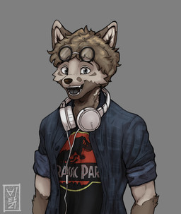 anthro black_nose black_tongue blue_clothing blue_shirt blue_topwear brown_body brown_hair clothed clothing countershade_arms countershade_face countershading dipstick_ears ear_markings electronics eyewear fur glasses hair headphones headphones_around_neck male multicolored_ears open_clothing open_shirt open_topwear red_clothing red_shirt red_topwear sharp_teeth shirt solo standing teeth tongue topwear undershirt vitaliachiever gamma_wolf_(vitaliachiever) canid canine canis mammal wolf absurd_res hi_res signature