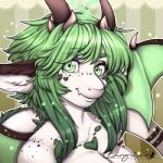 breasts female green_eyes green_hair hair heart_symbol horn looking_at_viewer non-mammal_breasts smile solo wings zingiber mythology vilosa aromagon dragon mythological_creature mythological_scalie scalie 1:1 icon low_res