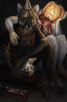 anthro band_shirt birthday blood bodily_fluids clothing decapitation duo eyewear female female/female food for_a_head fruit glasses gore hat headgear headwear holidays party_hat plant pumpkin pumpkin_head severed_body_part severed_head wearing_glasses schiavonesca halloween nine_inch_nails bat canid canine cross_fox fox honduran_white_bat leaf-nosed_bat mammal microbat object_head red_fox true_fox yangochiropteran hi_res