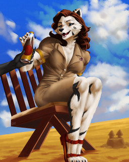 accessory ambiguous_gender anthro beach beverage biped black_inner_ear_fluff black_nose black_stripes blue_eyes breasts brown_clothing brown_dress brown_hair chair claws clothed clothing cloud curly_hair dress duo female female_focus footwear fully_clothed fur furniture glass_bottle hair holding_beverage holding_object inner_ear_fluff legs_together long_hair looking_aside looking_at_beverage mostly_offscreen_character pin_accessory pin_button sand sand_castle sandals sculpture shoes sitting sky skyscape solo_focus stripes teeth tongue tuft white_body white_fur wood wood_furniture guyinvintageclothes canid canine canis mammal wolf digital_media_(artwork) full-length_portrait hi_res portrait shaded signature