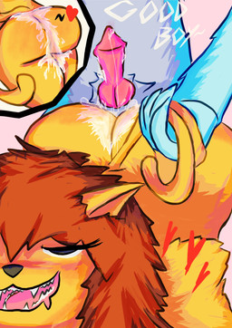 anal anal_penetration anthro black_nose blue_body blue_fur bodily_fluids brown_hair butt cum cum_drip cum_in_ass cum_inside cum_on_penis dripping drooling duo ejaculation fur genital_fluids genitals grey_body grey_fur hair happy heart_symbol male male/male open_mouth orange_body orange_fur penetration penile penile_penetration penis penis_in_ass ruborised saliva tail tail_grab text felimino felix_(felimino) palomino_(felimino) avian bird columbid felid feline lion mammal pantherine pigeon absurd_res hi_res