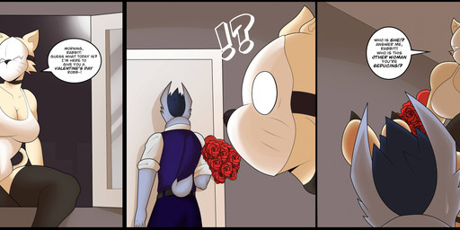 anthro black_border border breasts claws clothed clothing dialogue feet female flower humanoid_feet male mask plant plantigrade rose_(flower) speech_bubble text toe_claws toes white_clothing maximus21 white_cat_(maximus21) domestic_cat felid feline felis lagomorph leporid mammal rabbit comic english_text hi_res