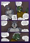 abs angry annoyed anthro blue_eyes bob_(vju79) bodily_fluids bottomwear canid canine canis clothed clothing collar comic covering covering_crotch dialogue dragon duo english_text evil_grin fur gervic_(vju79) green_body green_scales grey_body grey_fur hair heterochromia hiding_erection loincloth male mammal muscular muscular_anthro muscular_male mythological_creature mythological_scalie mythology pecs prisoner realization robe scales scalie scar simple_background skimpy smile sweat text vju79 white_hair wingless_dragon wolf yelling yellow_sclera