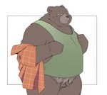2024 anthro balls bear belly brown_body brown_fur clothed clothing flaccid fur genitals hi_res inunoshippo kemono male mammal open_clothing open_shirt open_topwear overweight overweight_male penis shirt simple_background small_penis solo topwear