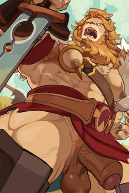 abs anthro armpit_hair ball_tuft balls blonde_hair blonde_pubes body_hair boots bottomwear braided_hair brown_balls brown_eyes brown_nipples brown_penis claws clothed clothing darkened_balls darkened_genitalia darkened_penis erection finger_claws flashing_penis footwear foreskin genitals gloves hair handwear holding_melee_weapon holding_object holding_sword holding_weapon humanoid_genitalia humanoid_penis loincloth low-angle_view male mane melee_weapon muscular muscular_male nipples no_underwear open_mouth partially_retracted_foreskin penis pointy_nipples pubes red_bottomwear red_clothing red_loincloth saggy_balls shoes solo spread_legs spreading sword tuft vein veiny_penis weapon keidoro_kemono afk_arena lilith_games brutus_(afk_arena) felid lion mammal pantherine better_version_at_source hi_res