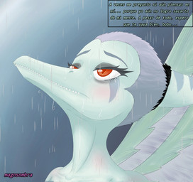 abstract_background amber_eyes anthro bodily_fluids bone_frill dialogue eyelashes eyeshadow feathered_wings feathers female frill_(anatomy) grey_body grey_eyeshadow grey_hair grey_scales hair makeup nude nude_anthro nude_female raining scales sharp_teeth shaved_hair short_hair snout solo tears teeth text wet wet_body wet_scales wings magosombra cavemanon_studios goodbye_volcano_high ko_op_(game_developer) snoot_game fang_(gvh) prehistoric_species pterosaur reptile scalie 2026 artist_name digital_drawing_(artwork) digital_media_(artwork) hi_res spanish_text translation_check translation_request watermark