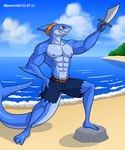 abs anthro beach big_pecs blue_body bottomwear clothed clothing countershade_tail countershading male multicolored_body muscular muscular_anthro muscular_male navel nipples pants pants_only pecs red_eyes seaside solo tail topless topless_anthro topless_male two_tone_body alkan rova_(alkan) fish marine shark 5:6 absurd_res hi_res