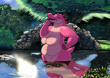 anthro big_breasts breasts bridge detailed_background dorsal_ridge eyes_closed female glistening glistening_body glistening_water grass huge_breasts lily_pad morning navel outside overweight overweight_female partially_submerged plant pond reflection solo tail thick_thighs tree waking_up water goopinko alligator alligatorid crocodilian reptile scalie hi_res