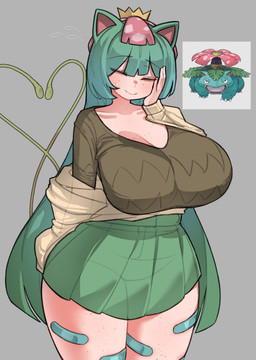 band-aid band-aid_on_leg bandage big_breasts blush bodily_fluids bottomwear breasts cardigan cleavage clothed clothing curvy_figure eyes_closed fangs female flying_sweatdrops freckled_breasts freckled_legs freckled_thighs freckles green_hair hair hand_on_cheek heart_symbol huge_breasts humanoidized long_hair plant shirt skirt smile sweat sweatdrop teeth tentacle_heart tentacles topwear vine_tentacles wide_hips aender nintendo pokemon elemental_creature elemental_humanoid flora_fauna generation_1_pokemon humanoid plant_humanoid pokemon_(species) pokemon_humanoid venusaur hi_res