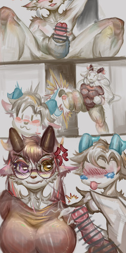 angry anthro big_breasts blush bodily_fluids breasts brown_hair cum duo eyewear female fur genital_fluids genitals hair handjob heart_symbol heterochromia male male/female masturbation multicolored_eyes penile penis purple_eyes sex tears white_body white_fur white_hair yellow_eyes lengtuanzi lengtuanzi_(lengtuanzi) bovid caprine goat mammal absurd_res hi_res