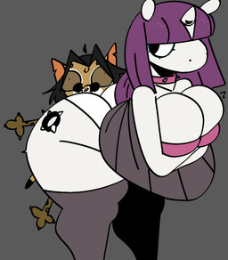 1_horn anthro arm_under_breasts big_breasts big_butt bottomwear breasts butt butt_in_face cleavage clothed clothing collar duo female fur grey_background hair head_horn horn huge_thighs legwear multicolored_body multicolored_fur notched_ear purple_hair round_sunglasses simple_background size_difference skirt spiked_collar spikes thick_thighs thigh_highs white_body white_horn white_sclera xarop77 mythology justine_(xarop77) equid equine felid mammal mythological_creature mythological_equine unicorn 2025 digital_drawing_(artwork) digital_media_(artwork) hi_res