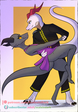 anthro clothed clothing dancing duo female fully_clothed male romantic romantic_ambiance side_view smile text scalesindark mythology queen_(scalesindark) dragon mythological_creature mythological_scalie scalie digital_media_(artwork) hi_res line_art url