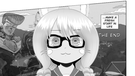 :3 anime_style anthro black_eyewear black_glasses black_text cat_smile comic_panel eyewear fluffy fur glasses hair looking_at_viewer male parody smile solo text text_box wearing_glasses white_text smugbuns diamond_is_unbreakable emergence jojo's_bizarre_adventure made_in_abyss josuke_higashikata nanachi okuyasu_nijimura human lagomorph mammal narehate 16:9 2022 comic crossover english_text hi_res meme monochrome widescreen