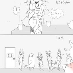 ambiguous_gender anthro bathroom_denial beverage bladder_bulge blush blush_lines bodily_fluids clothing costume cross cross_necklace dialogue genital_fluids ghost_costume group hand_on_crotch holidays jewelry leaking_urine necklace omorashi overalls queue solo speech_bubble standing text time urine paddle-boat halloween angel_(paddle-boat) deer mammal 1:1 digital_drawing_(artwork) digital_media_(artwork) english_description english_text hi_res restricted_palette male_(lore)