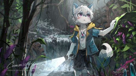 anthro bottomwear clothed clothing detailed_background flashlight forest jacket kemono male plant raining shorts solo topwear tree water mag_inu canid canine mammal 16:9 4k absurd_res hi_res widescreen