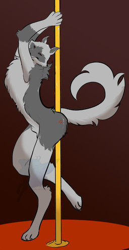 3_toes 5_fingers animal_genitalia anthro arms_above_head cheek_tuft claws dancing facial_markings facial_tuft feet fingers fluffy fluffy_chest fluffy_tail fully_sheathed fur fuzzy genitals grey_body grey_fur head_markings kiss_mark kiss_mark_on_butt looking_at_viewer male markings mask_(marking) multicolored_body multicolored_fur neck_tuft nude pole pole_dancing pose raised_leg red_background red_eyes sheath side_view simple_background skinny slim smile solo stripper stripper_pole tail tasteful_nudity toes tuft lampseeker dreamworks puss_in_boots_(franchise) death_(puss_in_boots) canid canine canis mammal wolf absurd_res hi_res watermark