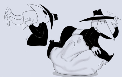 abdominal_bulge belly big_belly clothed clothing duo eyes_closed fully_clothed hat head_first headgear headwear huge_belly male not_furry oral_vore pointy_nose resting_on_belly same_size_vore smile soft_vore teeth unwilling_prey vore da~blueguy spy_vs_spy black_spy white_spy humanoid 2022 monochrome