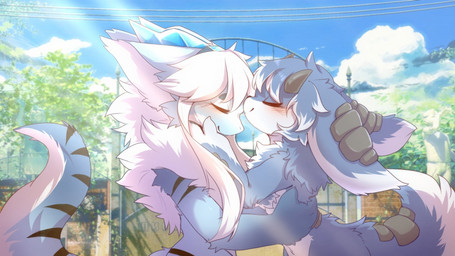 2_horns anthro big_eyes biped black_horn blue_body blue_fur blue_horn blush blush_lines cute_fangs eyes_closed fangs fur horn hug kemono male slim_anthro slim_male solo teeth white_body white_fur hlg7777 16:9 2020 hi_res widescreen