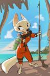 air_tank anthro barefoot biped blue_eyes blue_sky clock cloud detailed_background feet female fur holding_object holding_weapon melee_weapon open_mouth outside palm_tree plant polearm scuba sea sky smile solo spear speargun standing tree watch water weapon wetsuit white_body white_fur wristwatch byron_howard disney zootopia skye_(zootopia) arctic_fox canid canine fox mammal true_fox diver_(disambiguation) concept_art official_art