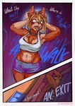absurd_res anthro bodily_fluids canid canine collar comic drooling female hi_res human mammal mind_break navel navel_piercing piercing saliva simple_background tears text transformation trixythespiderfox