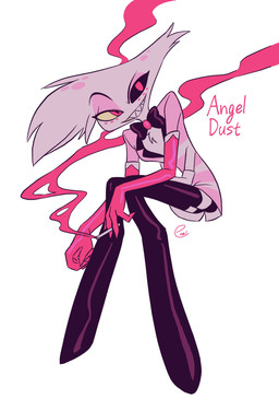 anthro cigarette clothed clothing male sharp_teeth smoke solo teeth text enaic31 hazbin_hotel hellaverse angel_dust arachnid arthropod demon spider absurd_res english_text hi_res