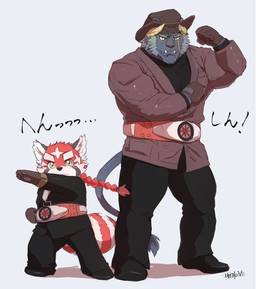 anthro bottomwear braided_hair braided_ponytail clothing duo fingers fist fur gloves hair handwear looking_at_viewer male pants pawpads ponytail red_body red_fur serious tail text topwear white_body white_fur young young_anthro young_male hijirinoyuta kamen_rider lifewonders tokyo_afterschool_summoners krampus_(tas) zhurong_(tas) ailurid mammal red_panda 2022 character_request hi_res japanese_description japanese_text