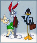 anthro beak brown_clothing buckteeth clothed clothing ear_warmers eyewear green_clothing group hand_in_pocket head_tuft male pink_nose pockets scarf smile snow snowing suitcase sunglasses teeth towel tuft whiskers winter kicsterash looney_tunes warner_brothers bugs_bunny daffy_duck porky_pig anatid anseriform avian bird domestic_pig duck lagomorph leporid mammal rabbit suid suina sus_(pig) digital_media_(artwork)