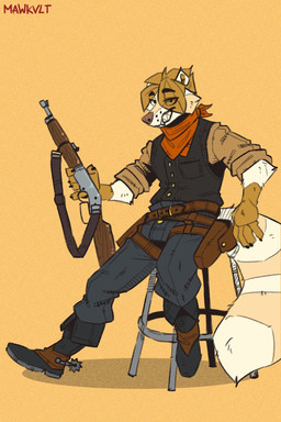 anthro belt belt_buckle belt_pouch boots buckle chair clenched_teeth clothing cowboy cowboy_boots cowboy_outfit ears_up footwear furniture gun gun_holster holding_gun holding_object holding_ranged_weapon holding_rifle holding_weapon looking_at_viewer male on_chair ranged_weapon rifle shoes sitting sitting_on_chair smile smiling_at_viewer solo tail teeth teeth_showing weapon mawkvlt 2:3 hi_res